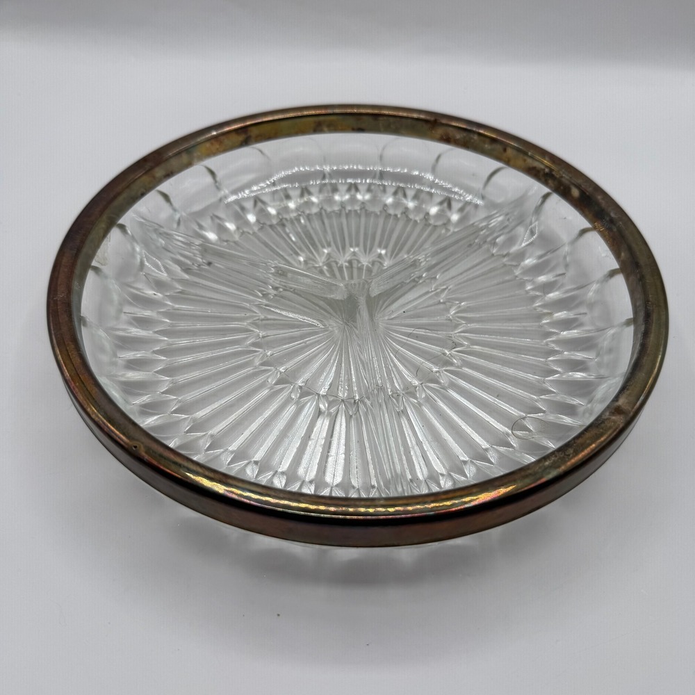Vintage Divided Glass Relish Dish Round 8in Clear Silver Rim Sunburst Pattern